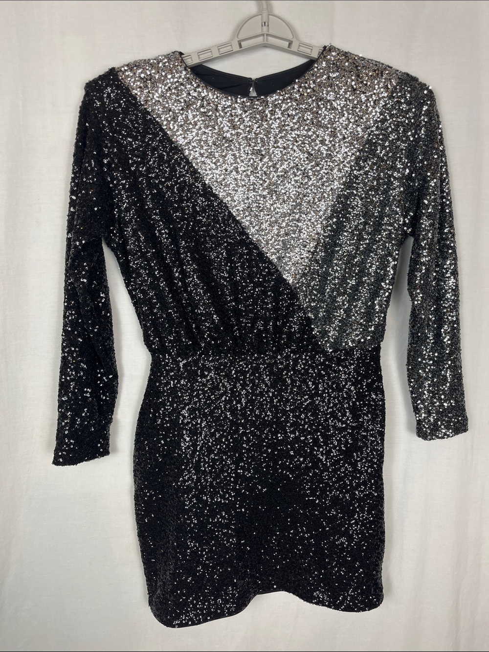 Express Silver and Black Sequin Long Sleeve Midi Dress